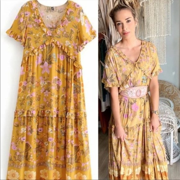 Boho 60s Floral Gypsy Print Maxi Dress Yellow - Picture 3 of 14